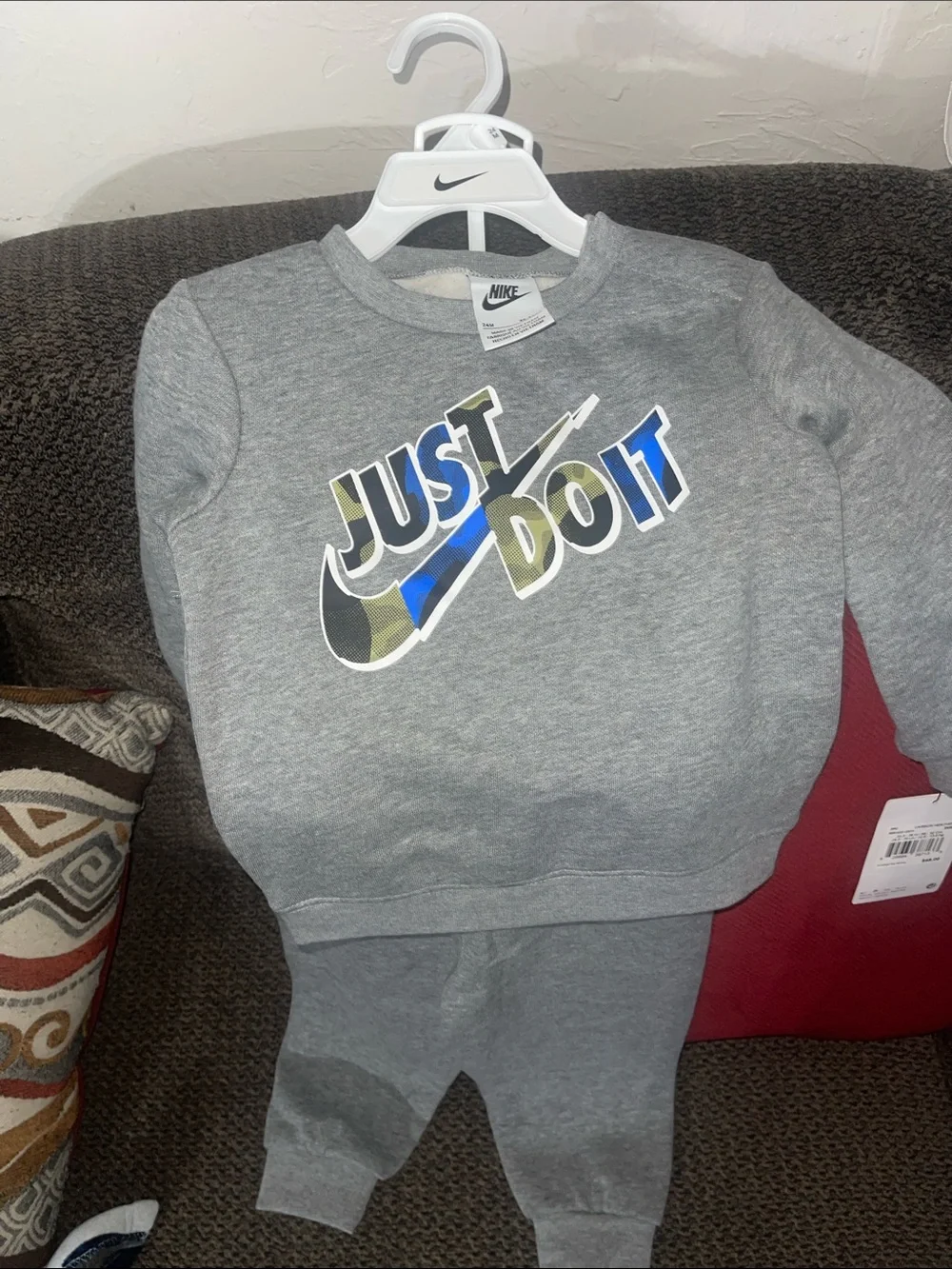 Nike Kids Gray Sweatshirt and Joggers Set with Multicolor 'Just Do It' Logo